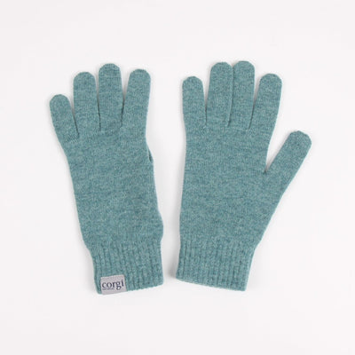 Pair of teal gloves with a 'corgi' brand label on a white background

