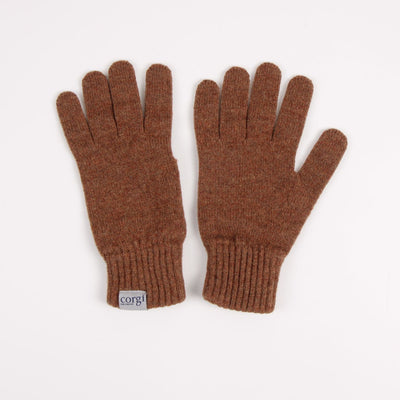 Pair of brown gloves with a visible brand label on a white background

