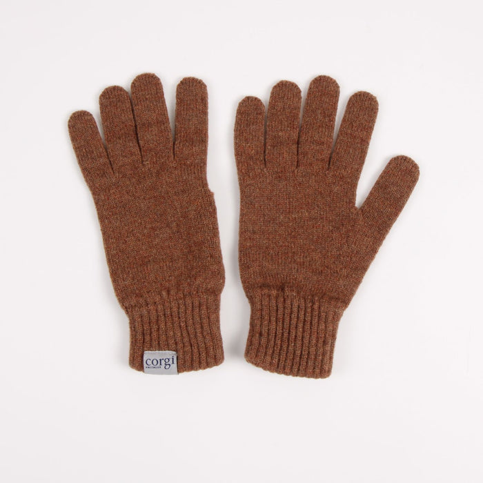 Pair of brown gloves with a visible brand label on a white background

