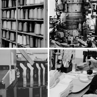 Collage of images showing a manufacturing process with shelves, machinery, and product assembly.