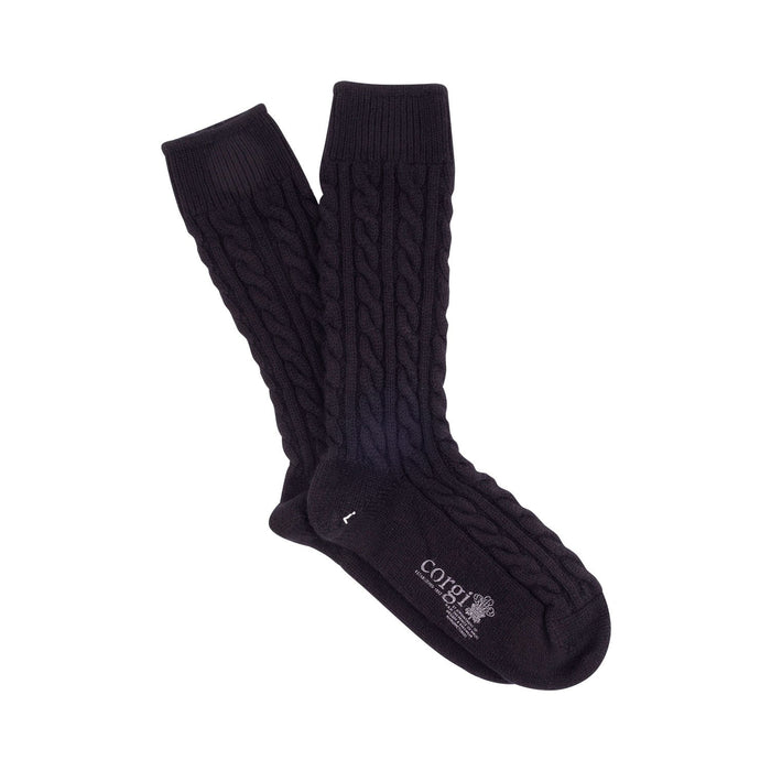 A pair of blue cashmere socks with a cable knit pattern, displayed against a white background.