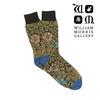 Floral patterned sock with blue accents on a white background, featuring the William Morris Gallery logo.