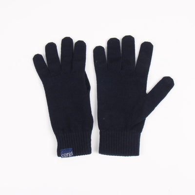 Pair of black gloves with a visible brand label on a white background

