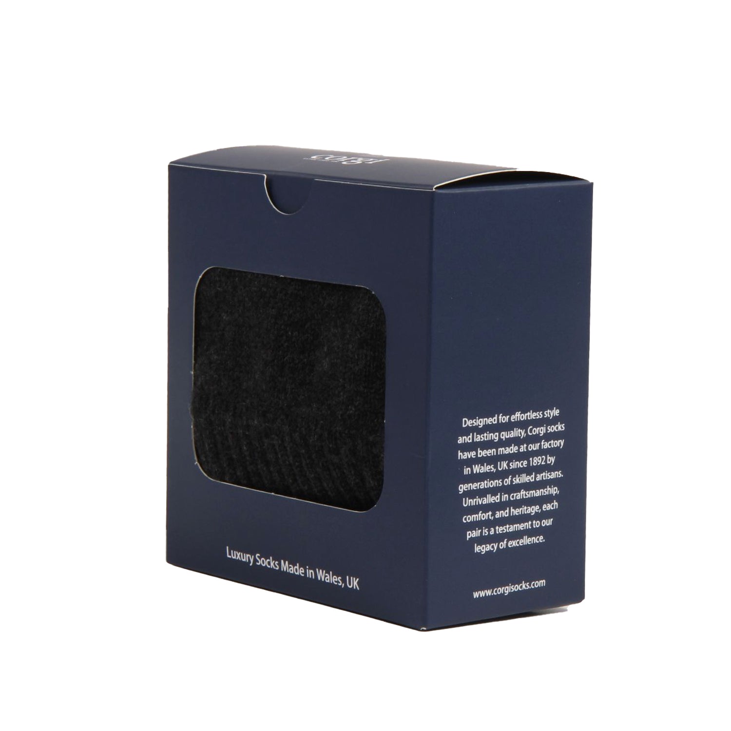 Navy blue packaging box with a window displaying black socks, featuring Corp Socks branding and text.

