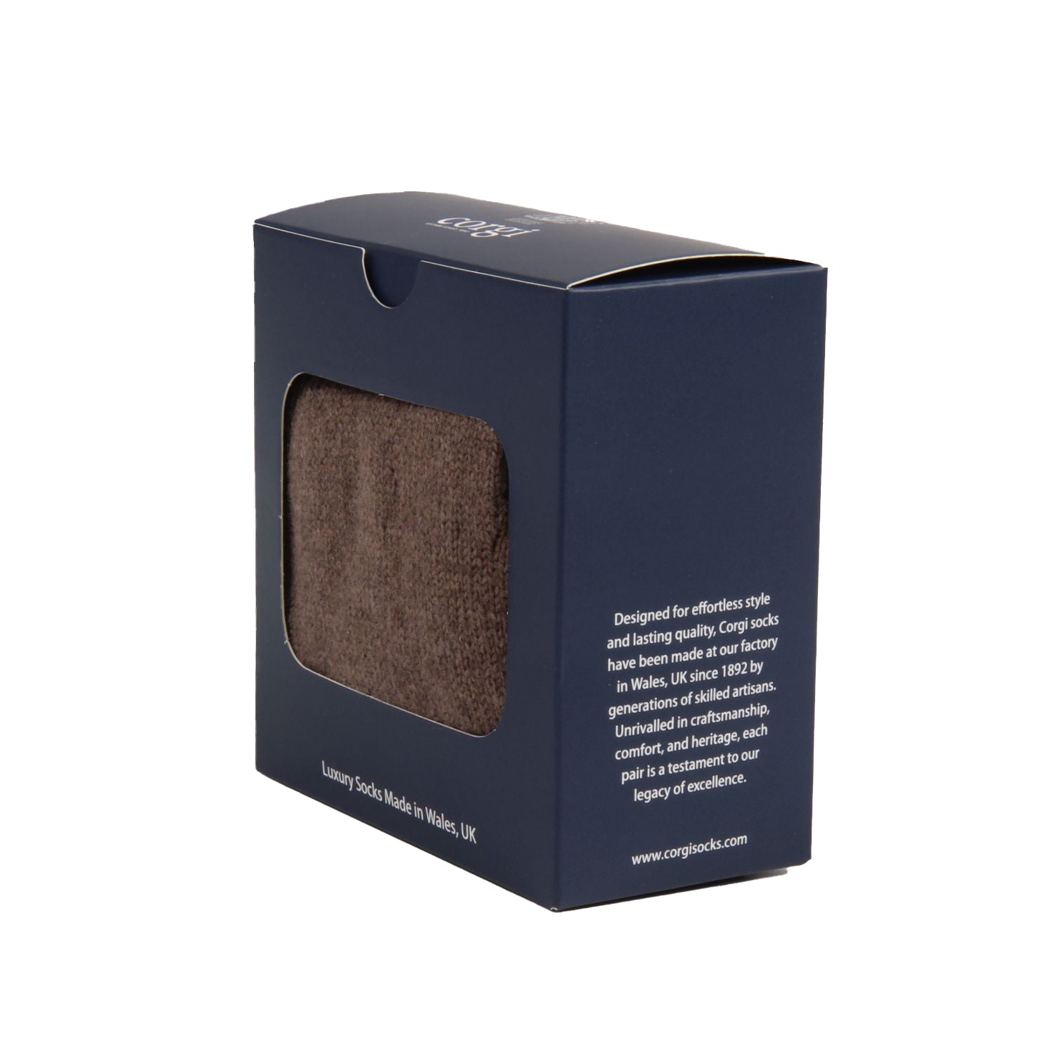 Navy box packaging with a brown sock inside on a white background

