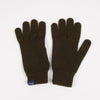 Pair of brown gloves with a visible brand label on a white background

