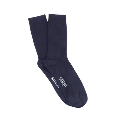 Navy blue sock with a brand logo on a white background
