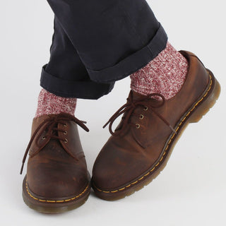 man wearing red marl cotton socks with brown shoes 