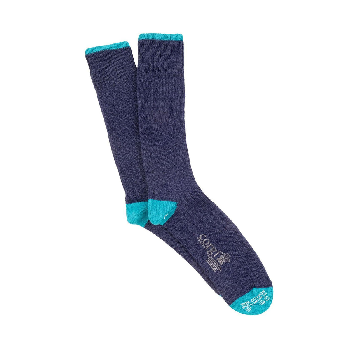 Pair of navy socks with turquoise accents on a white background