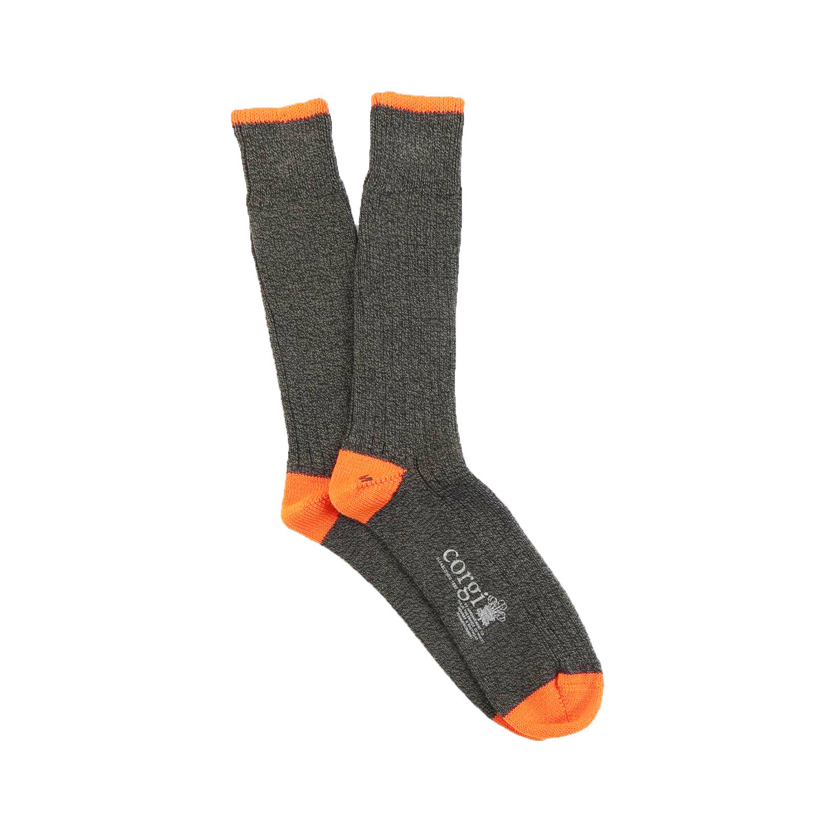 A pair of dark green marl ribbed crew socks with bright orange accents on the toe, heel, and cuff, displayed on a clean white background.