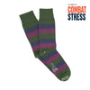 Green and purple striped socks with 'Combat Stress' text on a white background