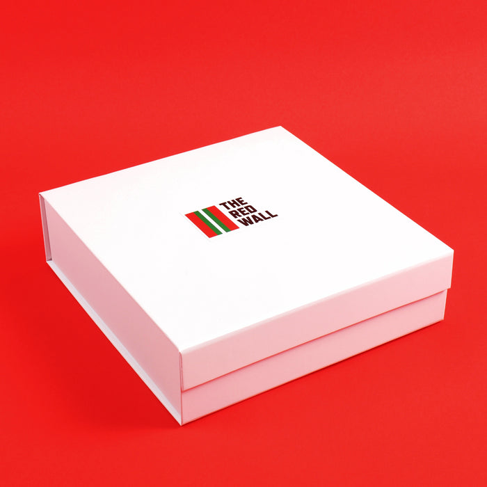White box with 'The Red Wall' logo on a red background