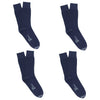Four pairs of navy blue socks with a logo on a white background