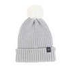 A women's two-tone wool beanie in grey with a plush pom pom on top.