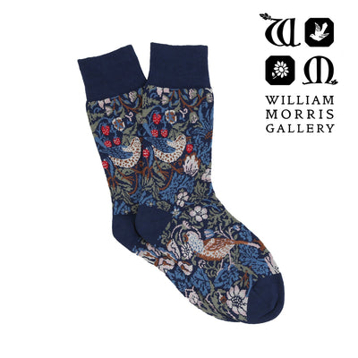 Patterned sock with William Morris Gallery logo on a white background