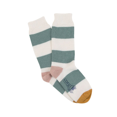 A pair of women's cashmere and cotton colour block socks with stripes in green and pink shades, and a gold toe.